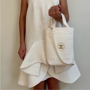 CHANEL White Tweed mini Tote Bag purse pearls logo gold designer holiday bucket